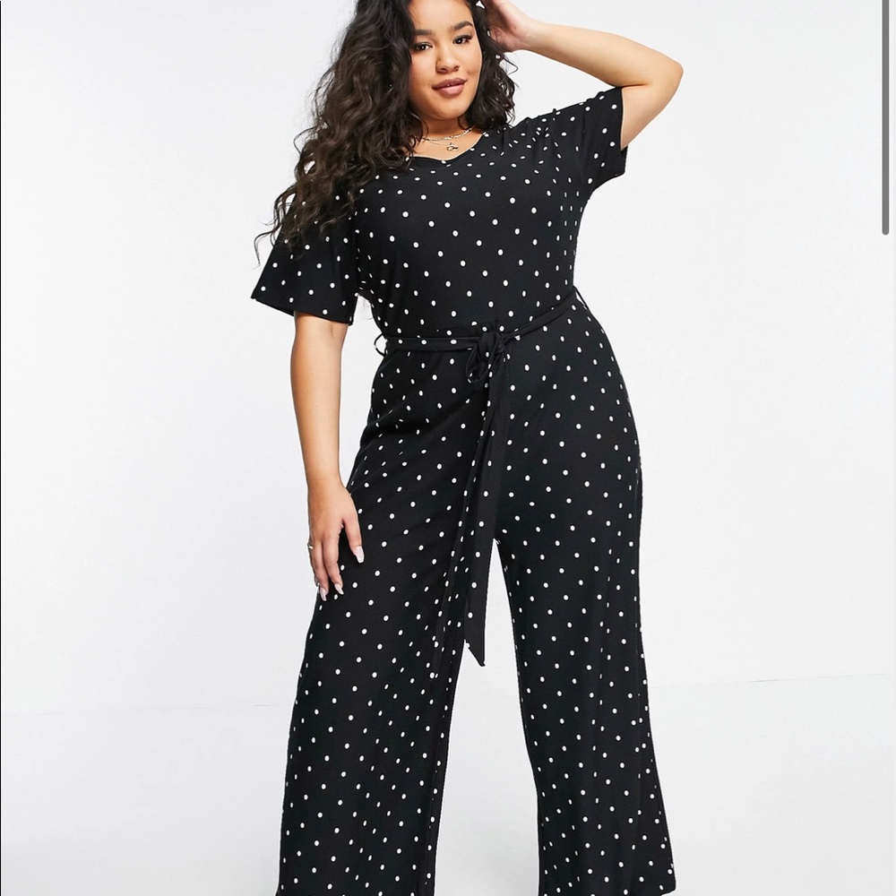 ASOS Wednesday's Girl Curve relaxed belted jumpsuit with wide leg in polka dot